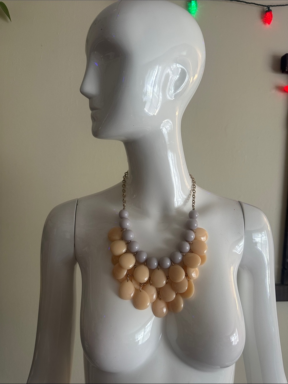 Beige Statement Bib Necklace with Pale Gray Accents